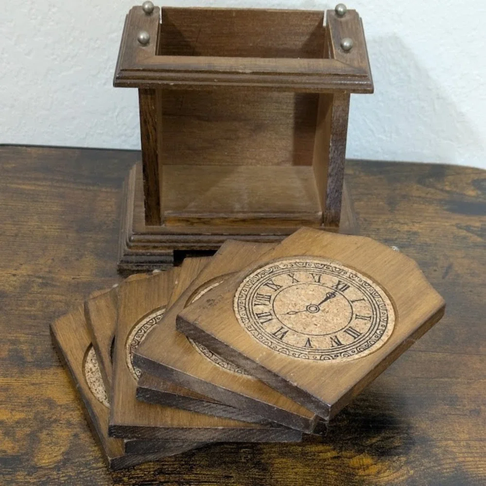 Vintage 1975‎ Enesco Wooden Clock Coaster Set Of 6 Retro Decor Wood Cork